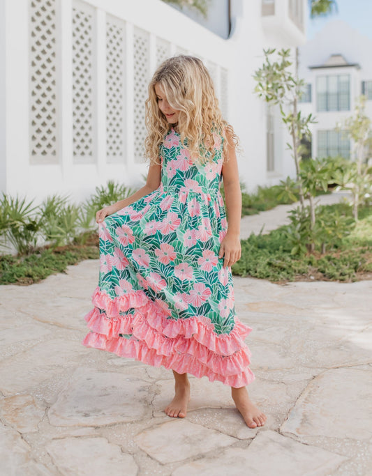 3 Tiered Green Tropical Ruffles Dress