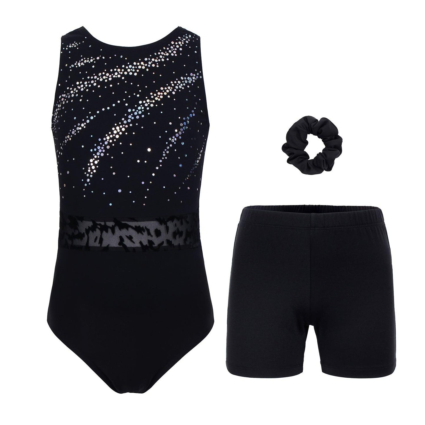 Black Lace Sparkly Sequin Gymnastics Leotards for Girls, Adult, Child With Shorts