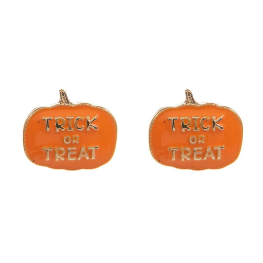 TRICK OR TREAT Message Enamel Halloween Pumpkin Stud Earring