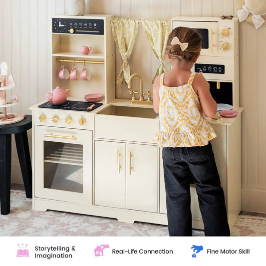 Tiny Land® Iconic Wooden Play Kitchen – Cream Pretend Cooking Set for Kids