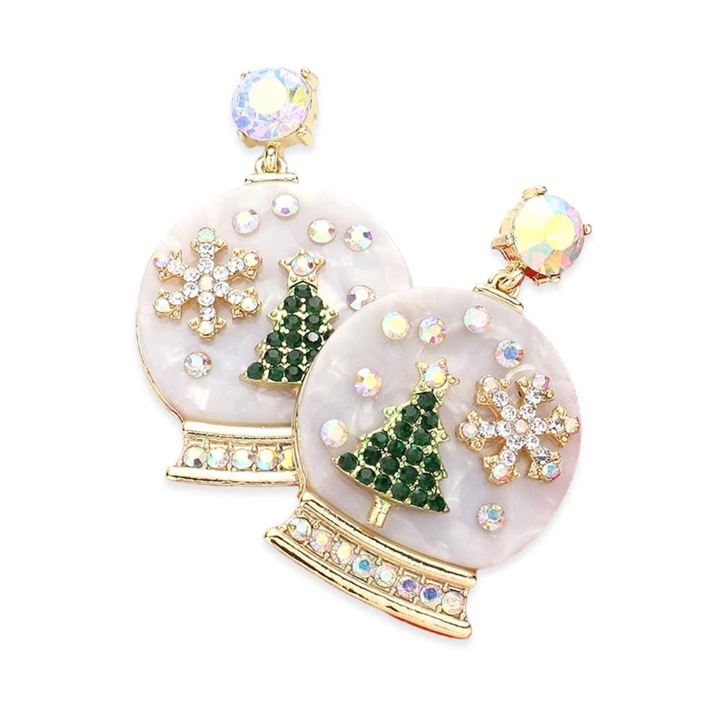 Stone Embellished Christmas Tree Snowflake Celluloid Acetate Snow Globe Dangle Earrings
