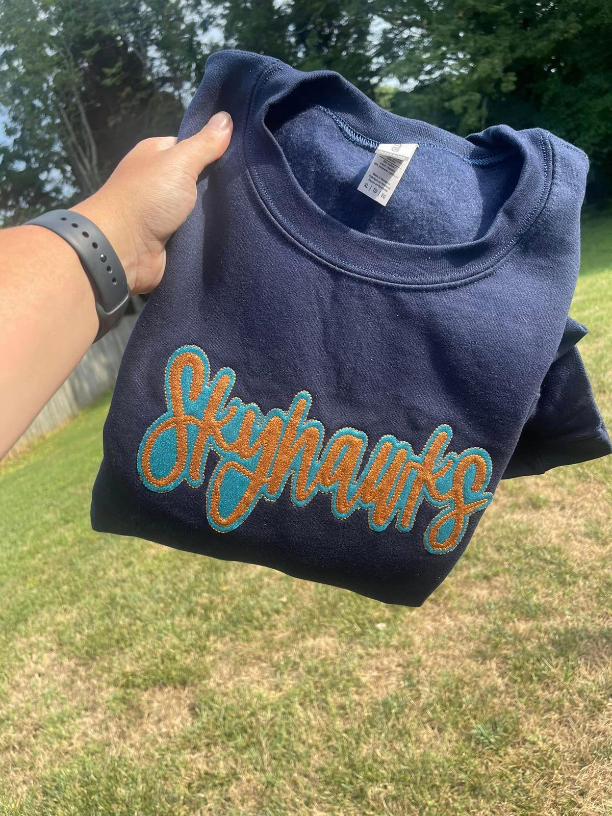 Embroidered Double Glitter HTV School Spirit Shirt | Custom Mascot & School Name Appliqué