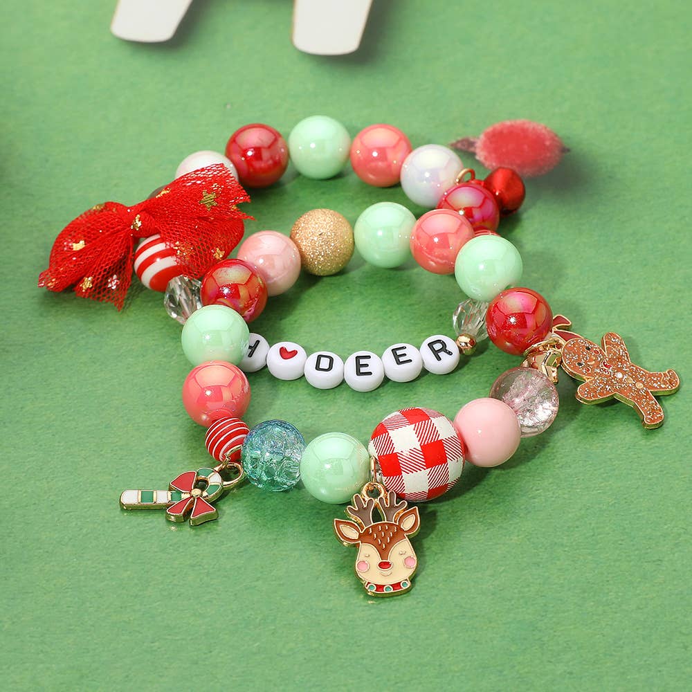 OH DEAR Reindeer Candy Cane Gingerbread Man Charm Bow Beaded Stretch Multi Layered Bracelets