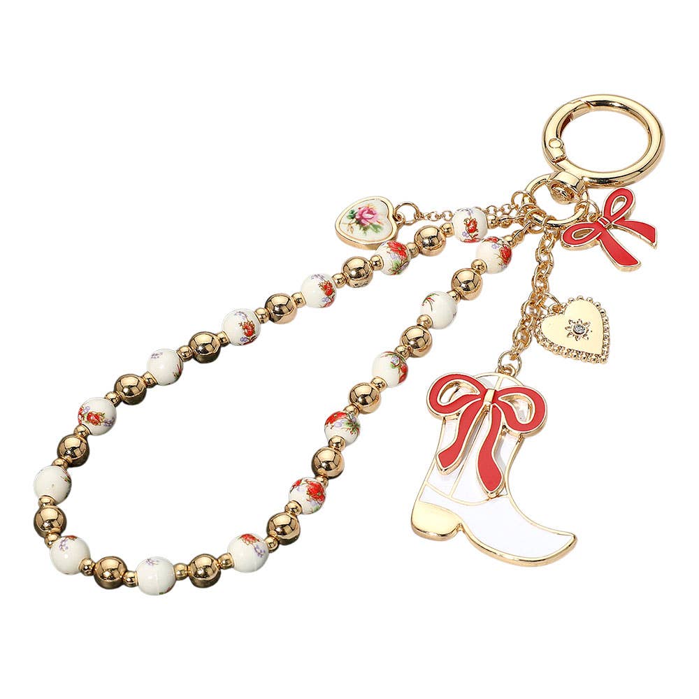 Enamel Bow Cowboy Boot Heart Floral Ceramic Ball Beaded Keychain / Bag Charm