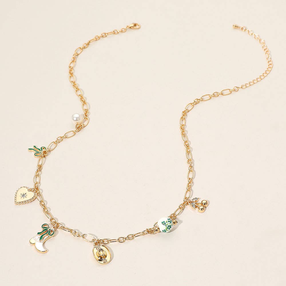 Enamel Bow Western Cowboy Boot Hat Heart Ceramic Ball Pearl Cherry Charm Station Necklace