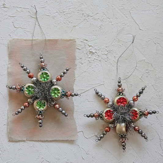 Glass Vintage Style Snowflake Ornament w/ Tinsel, Set of 2 Colors