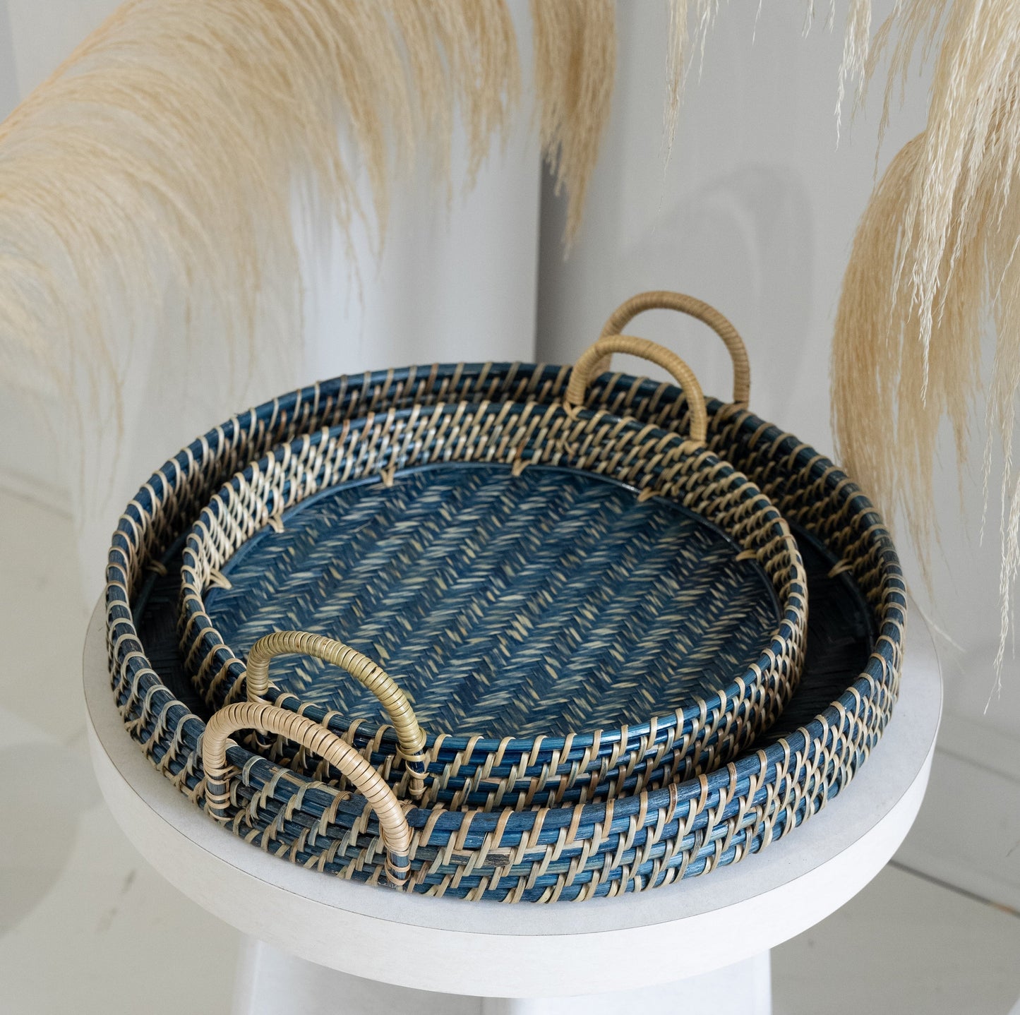 Round Rattan Tray - Navy Blue