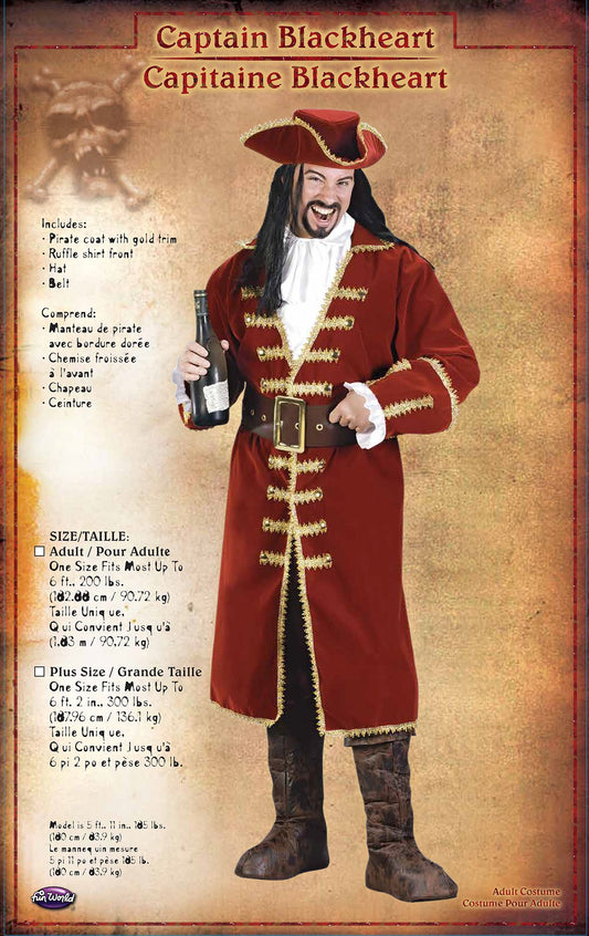 Captain Hook Black Heart Adult Plus Size Pirate Costume