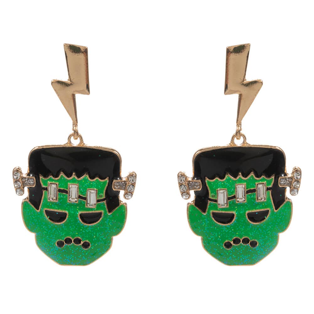 Stone Accent Glittered Enamel Halloween Lightning Bolt Frankenstein Dangle Earrings