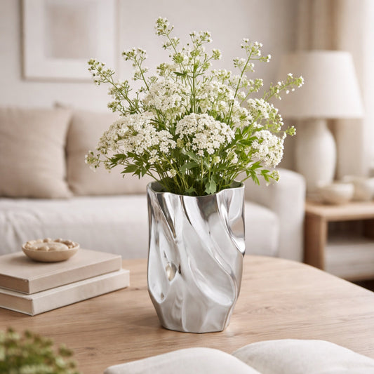 Abstract Silver Aluminum Vase | Fluid Sculptural Décor