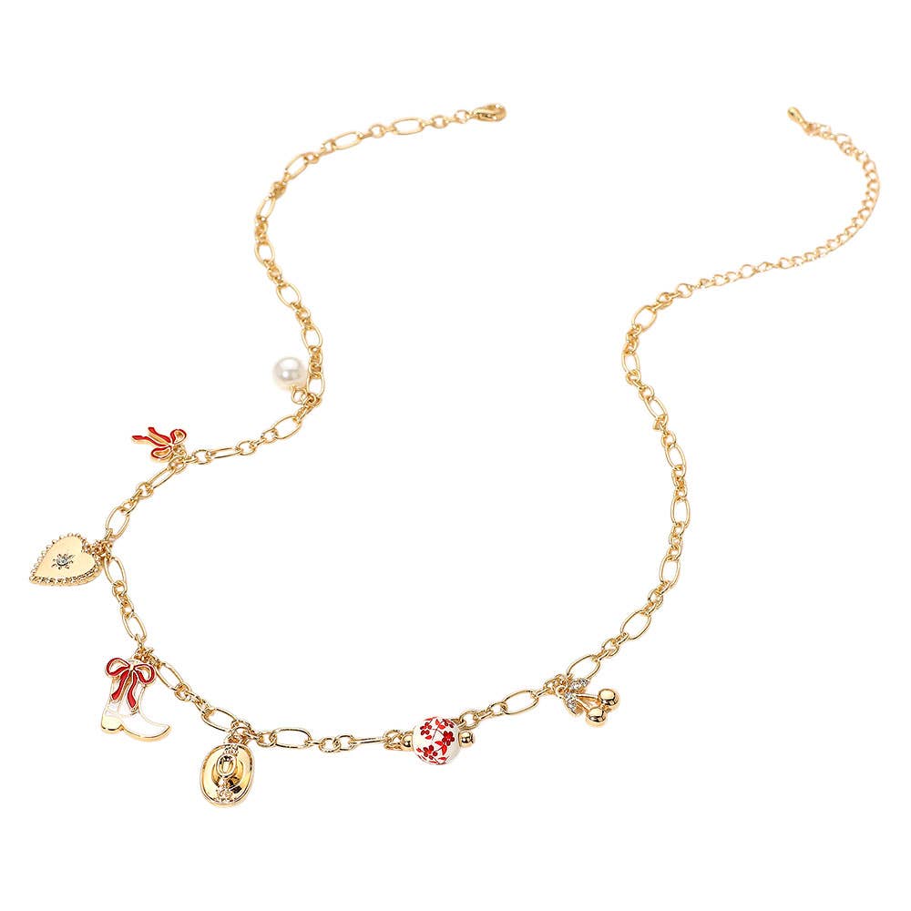 Enamel Bow Western Cowboy Boot Hat Heart Ceramic Ball Pearl Cherry Charm Station Necklace