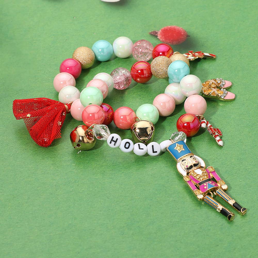 HOLLY Nutcracker Holiday Charm Bow Beaded Stretch Multi Layered Bracelets