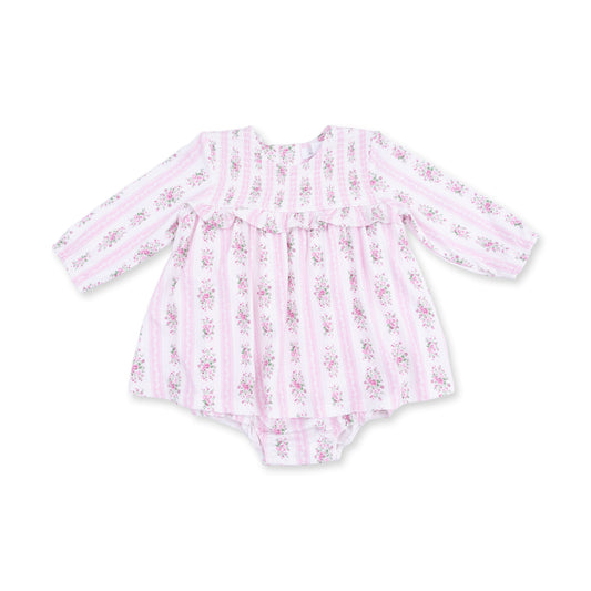 Bella Rose Stripe - Long Sleeve Smocked Ruffle Bubble with Skirt
