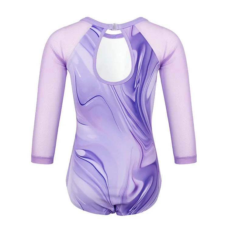 Lavender Marble Swirl 3/4 Mesh Sleeve Gymnastics Leotard Set for Girls