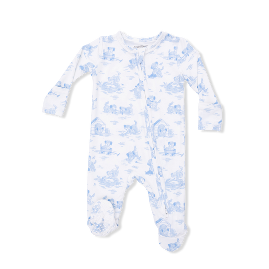 Puppy Toile Blue - 2 Way Zipper Footie & Swaddle Blanket Set