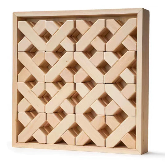 32-Piece Wooden X-Shape Building Blocks Set with Storage Tray
