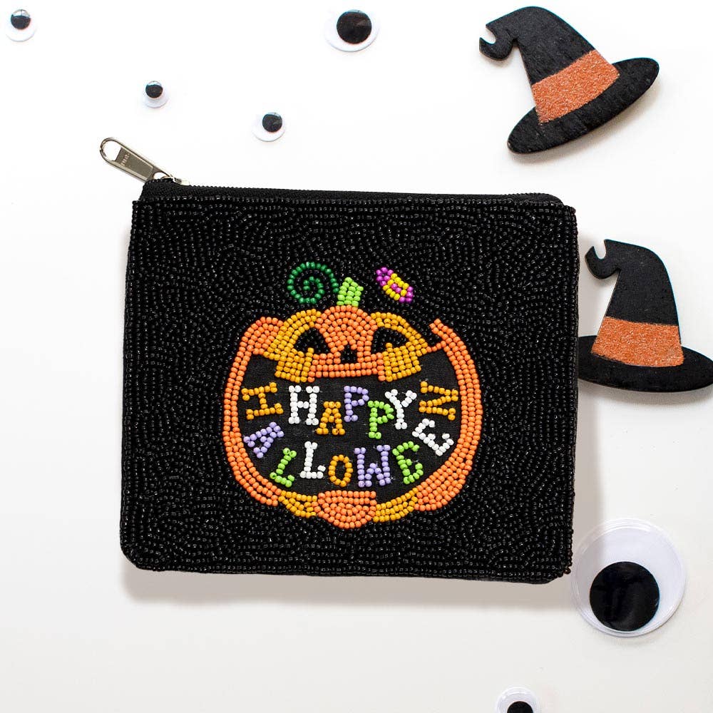 Happy Halloween Pumpkin Seed Beaded Halloween Pouch Bag