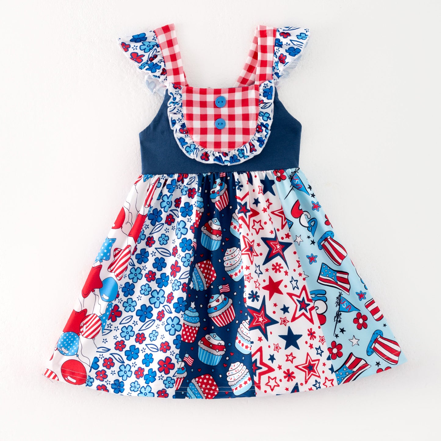 Girls 4th Of July Blue Red Independence Print Dress