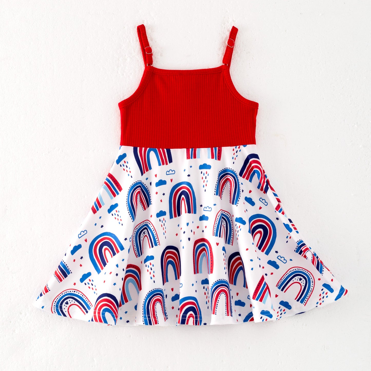 Girls 4th Of July Red Top Rainbow Independence Print Dress