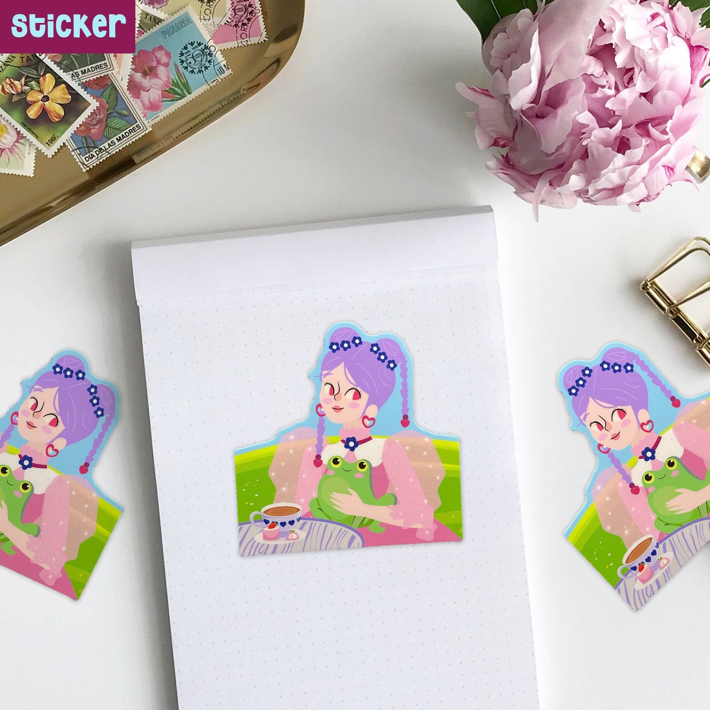 Kawaii Lolita and her frog handmade glossy sticker
