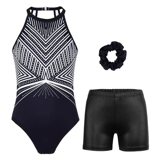 Black and White Geometric Starburst Gymnastics Leotards Outfit Set