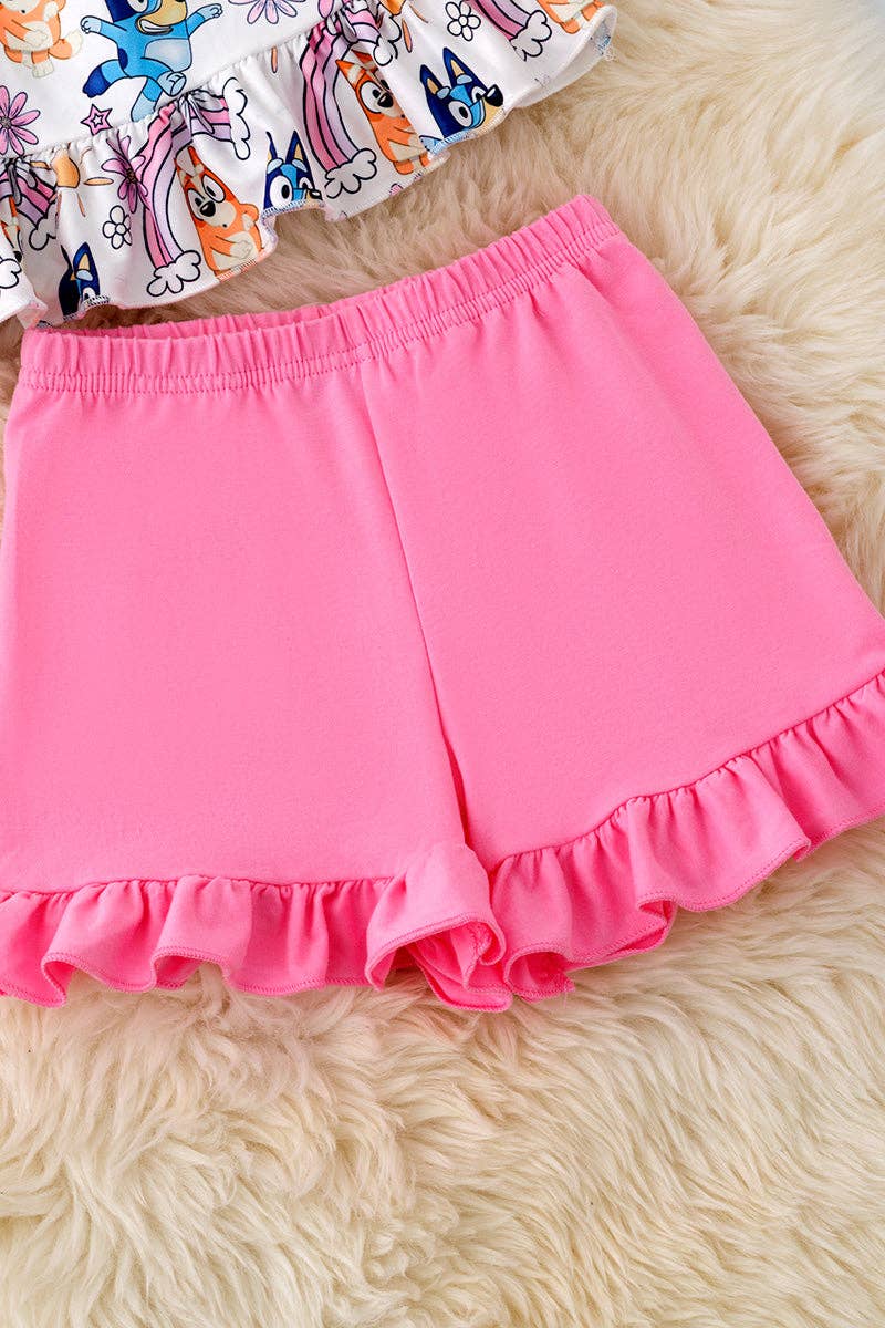 Blue dog printed tunic with ruffle and pink shorts