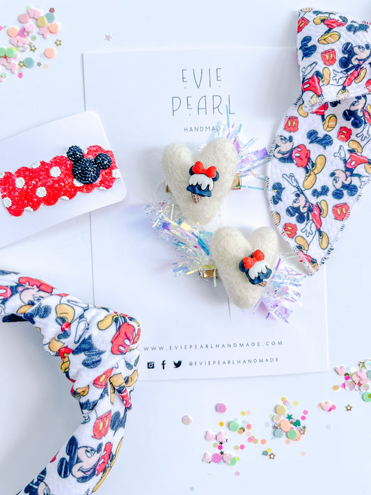 White Heart Mouse Bow Ice Cream Cone Pigtail Clips