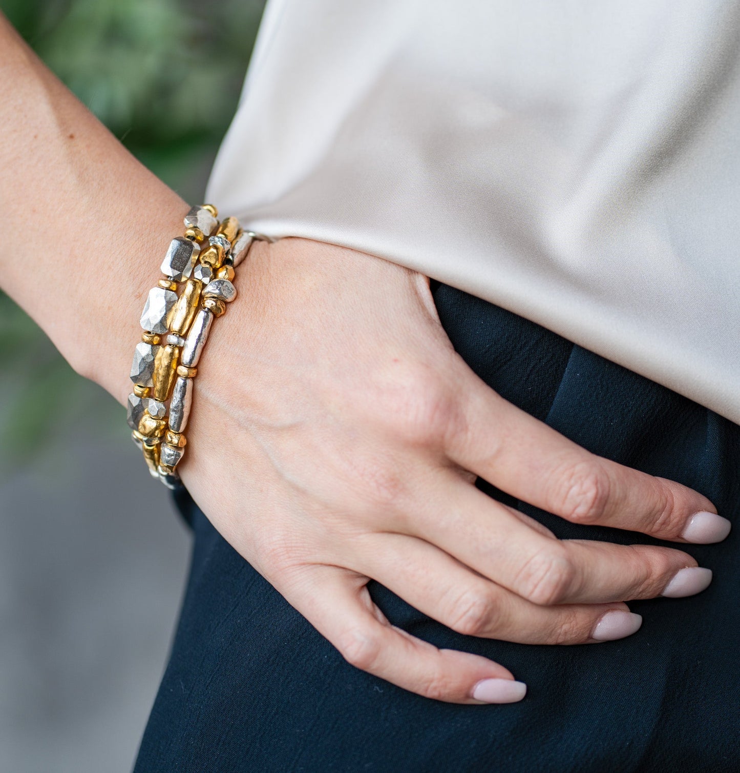 Silver Mixed Metal Organic Bead Bracelet
