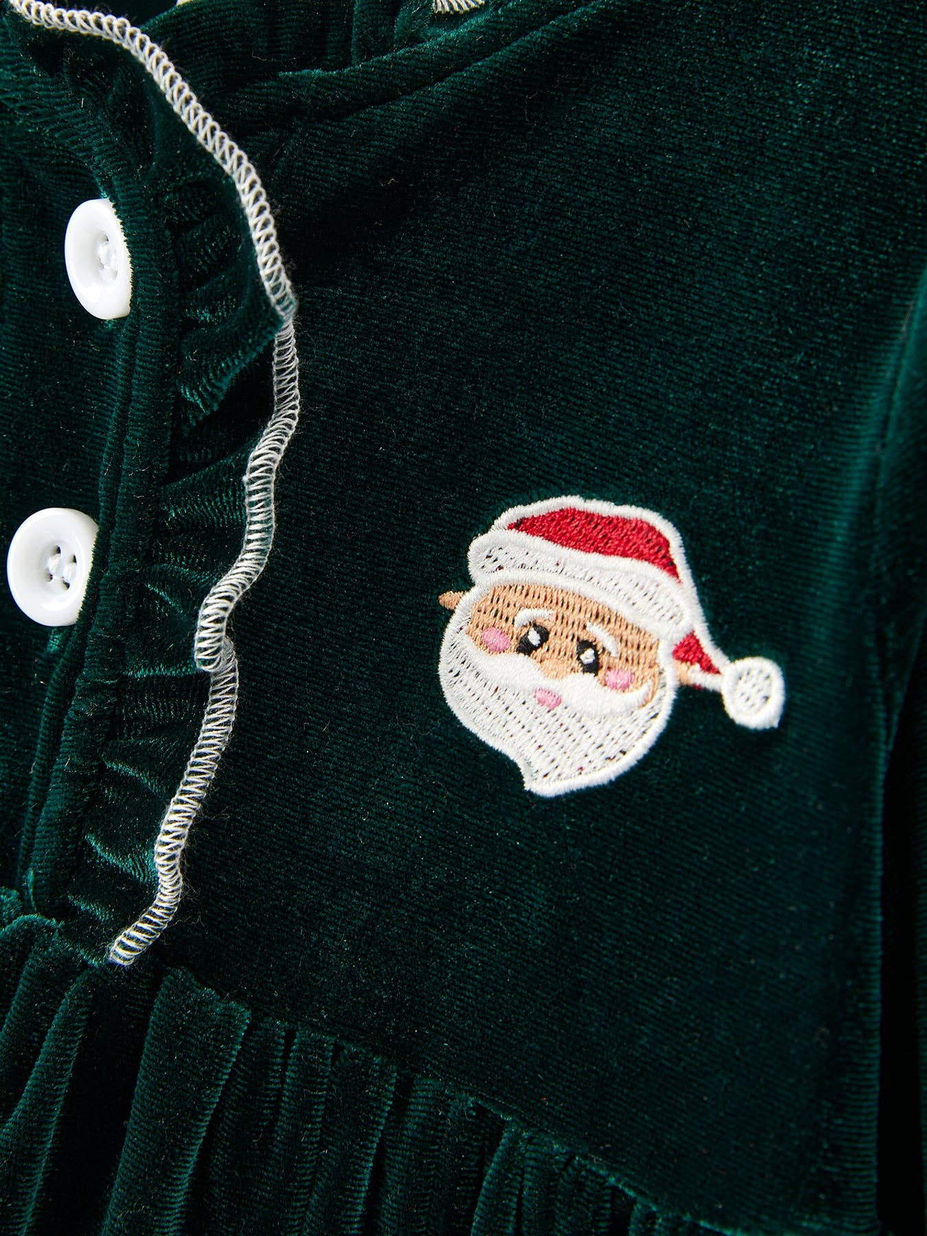 Green Santa Embroidered Velvet Girls Dress