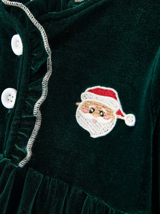 Green Santa Embroidered Velvet Girls Dress