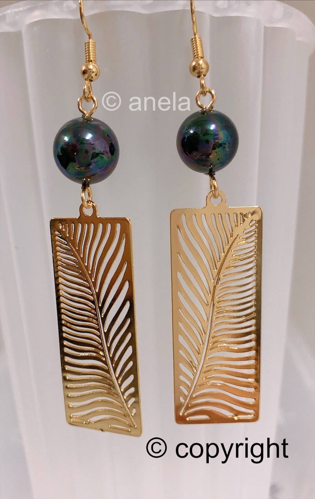 Tropical Palm Frond Leafs: Hamilton Gold Earring with Shell Pearls new Black greenish color pearls