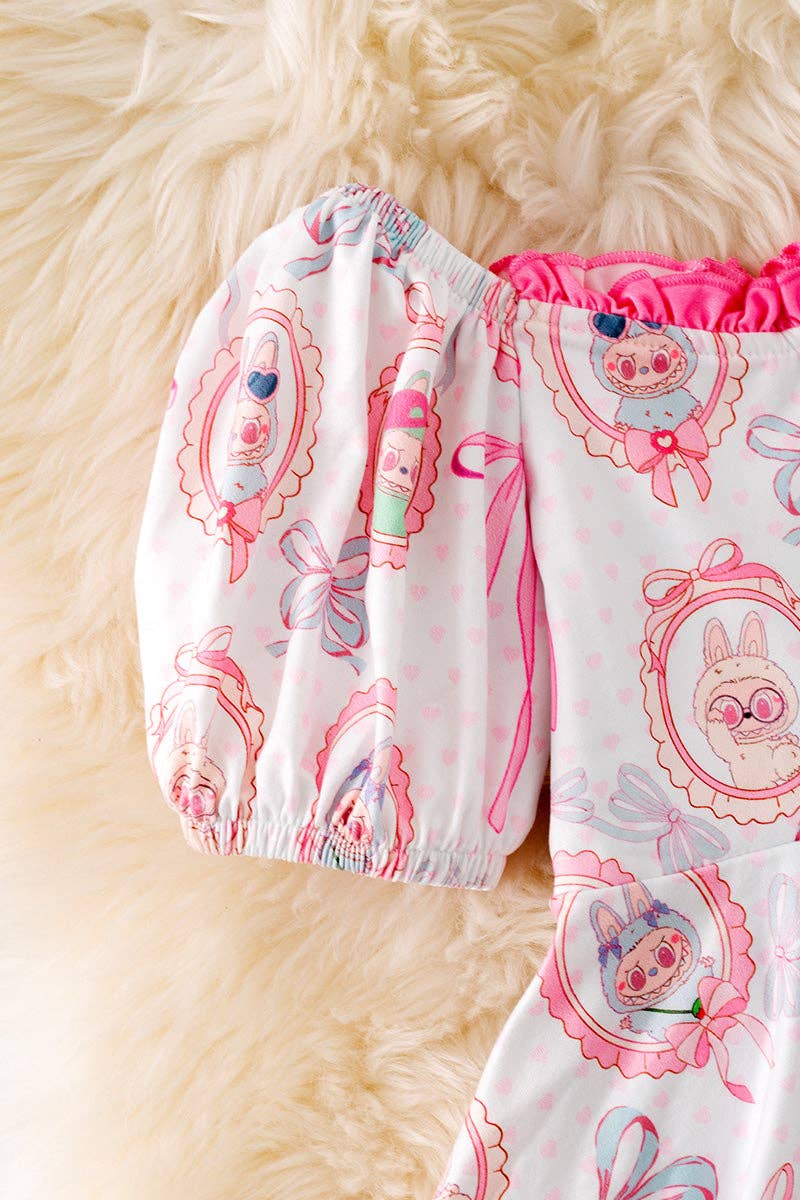 Labubu dress with pink ruffle hem