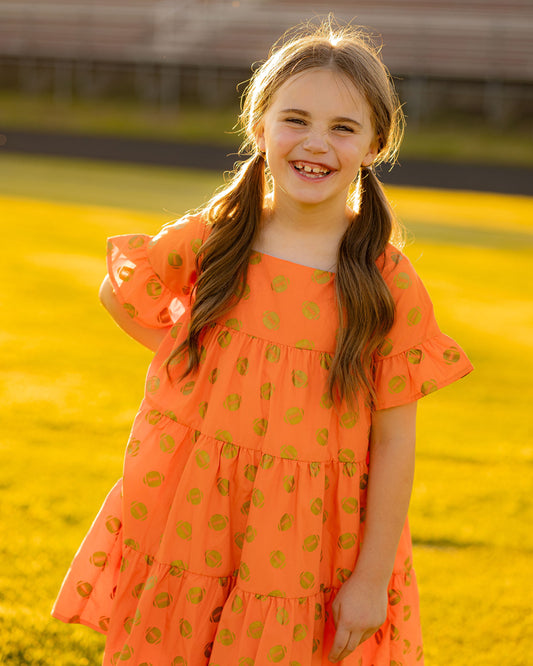 Game Day Tiered Dress with Footballs - Orange