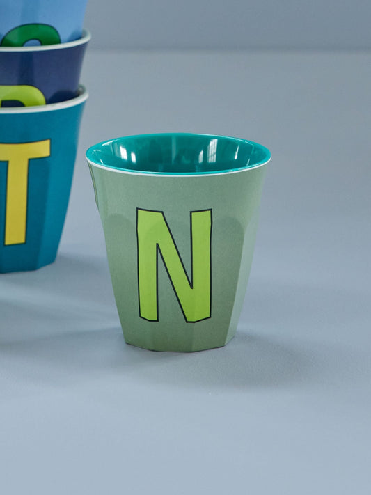 Melamine Cup - Medium with Alphabet in Bluish Colors | Letter N