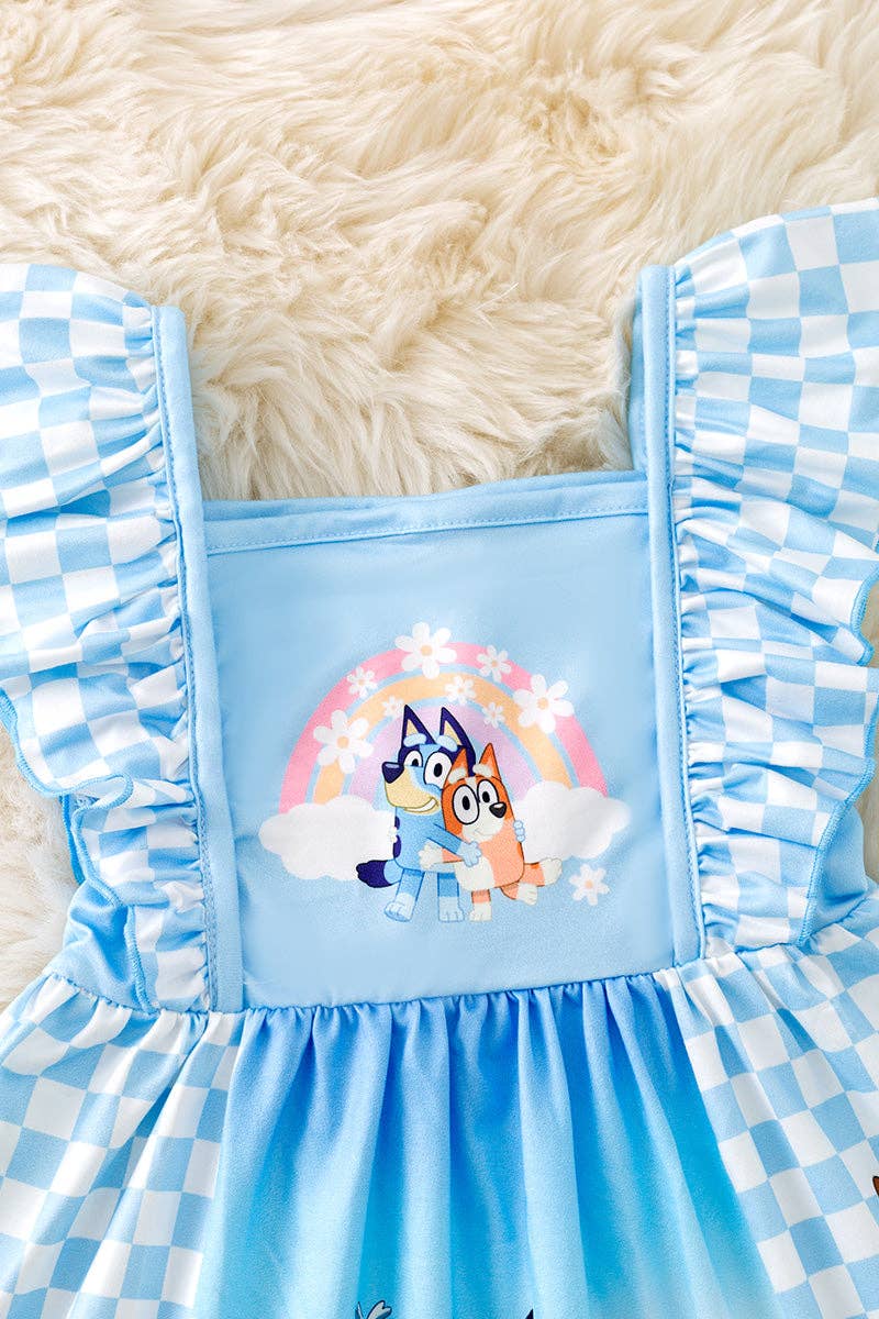Blue dog themed character printed checkered dress