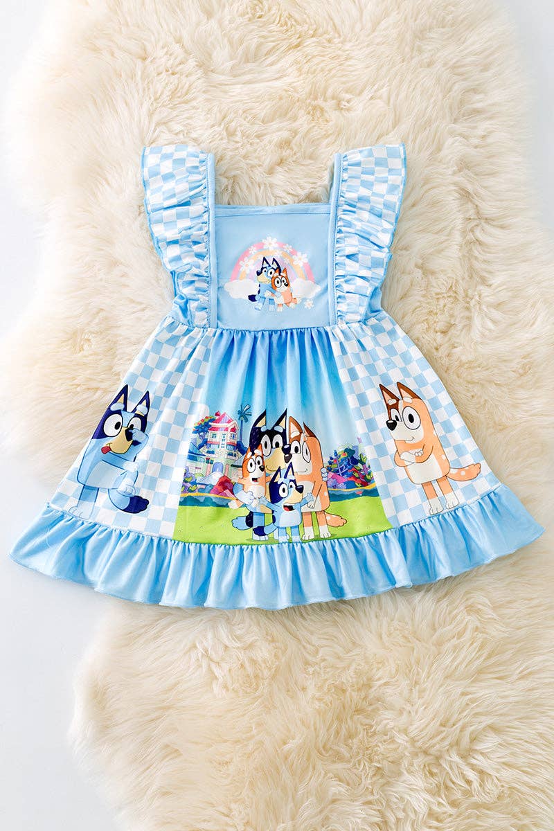Blue dog themed character printed checkered dress