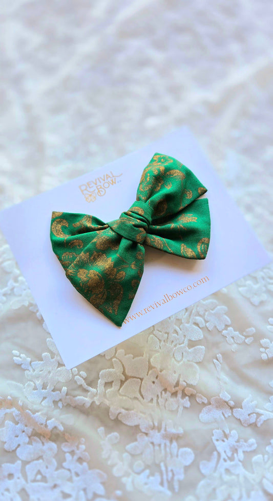 Large Handtied Bow on Clip• Gilded Green