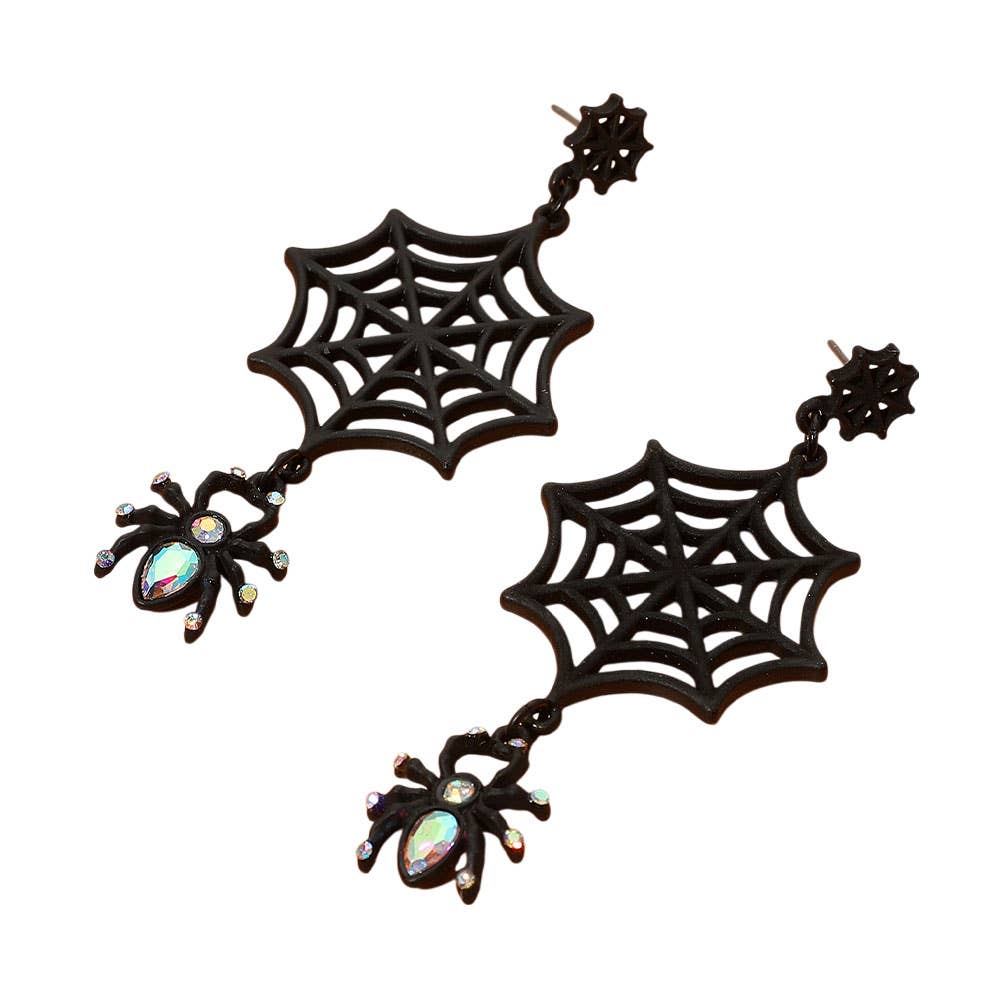 Crystal Accent Halloween Spider Web Drop Dangle Earrings