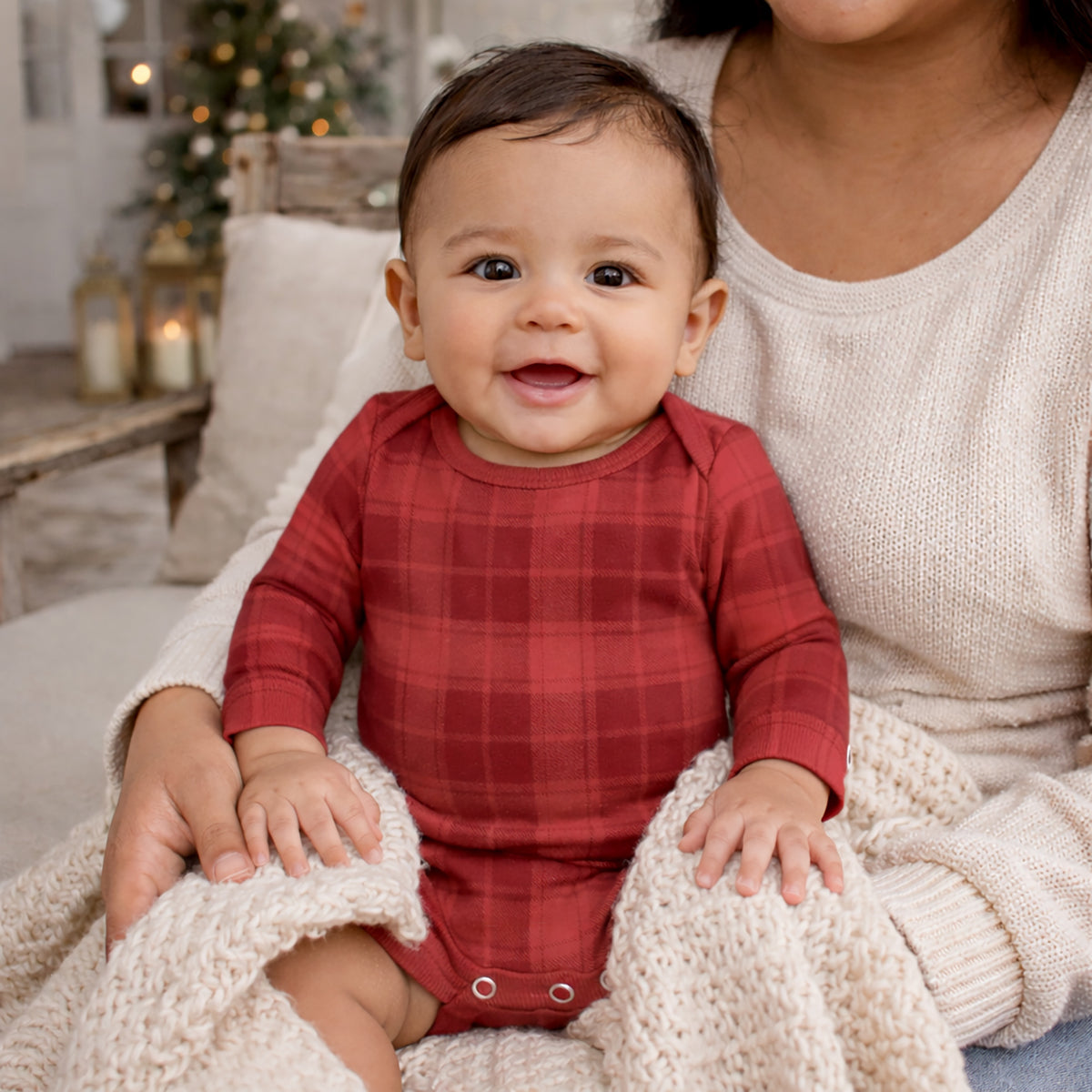 Red Plaid Baby Bodysuit In Soft Cotton Rib - Holiday One Piece