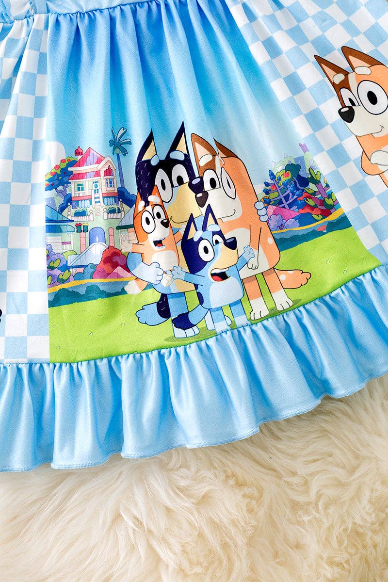 Blue dog themed character printed checkered dress