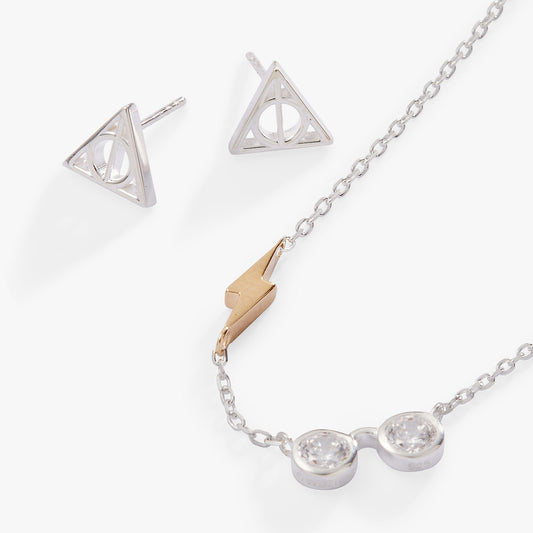 Harry Potterโข Glasses and Deathly Hallows Necklace and Earring Set, Sterling Silver