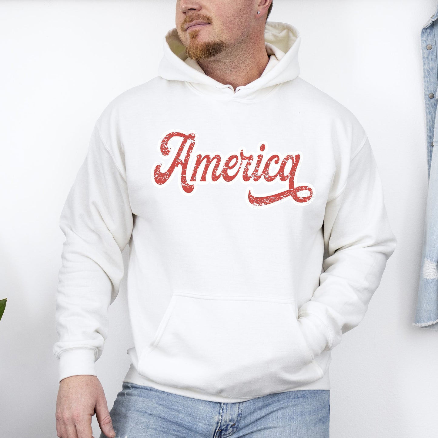 America, Red, White, Varsity, Retro, Patriotic, USA, 4th of July Hoodie, Hooded Sweatshirt -MTO