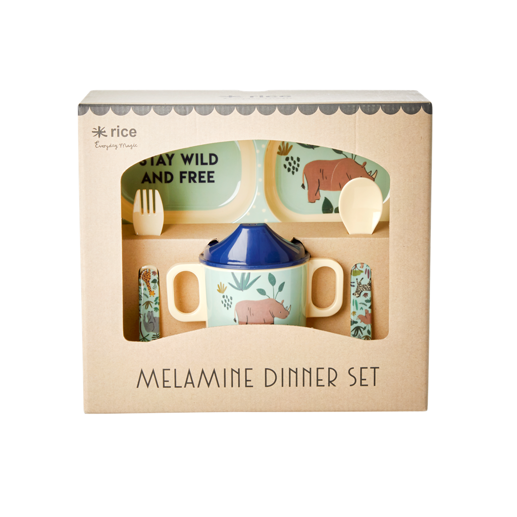 Melamine Baby Dinner Set in Gift Box - Blue Jungle Animals Print - 4 pcs.