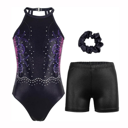 Mystical Midnight Sparkle U-type Clasp Back Gymnastics Leotard Outfit Set