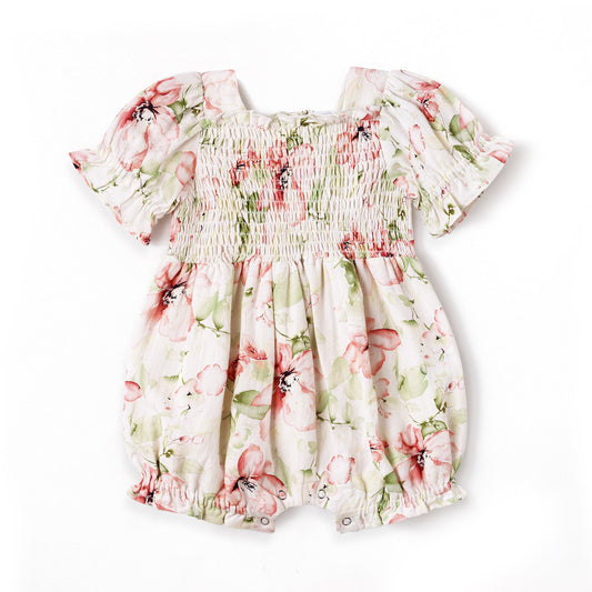 Blush Bouquet Smocked Bodice Puff Sleeve Baby Girl Romper
