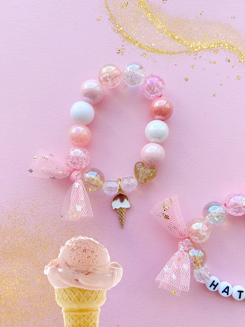 Ice Cream Cone and Heart Kids Beaded Charm Bracelet
