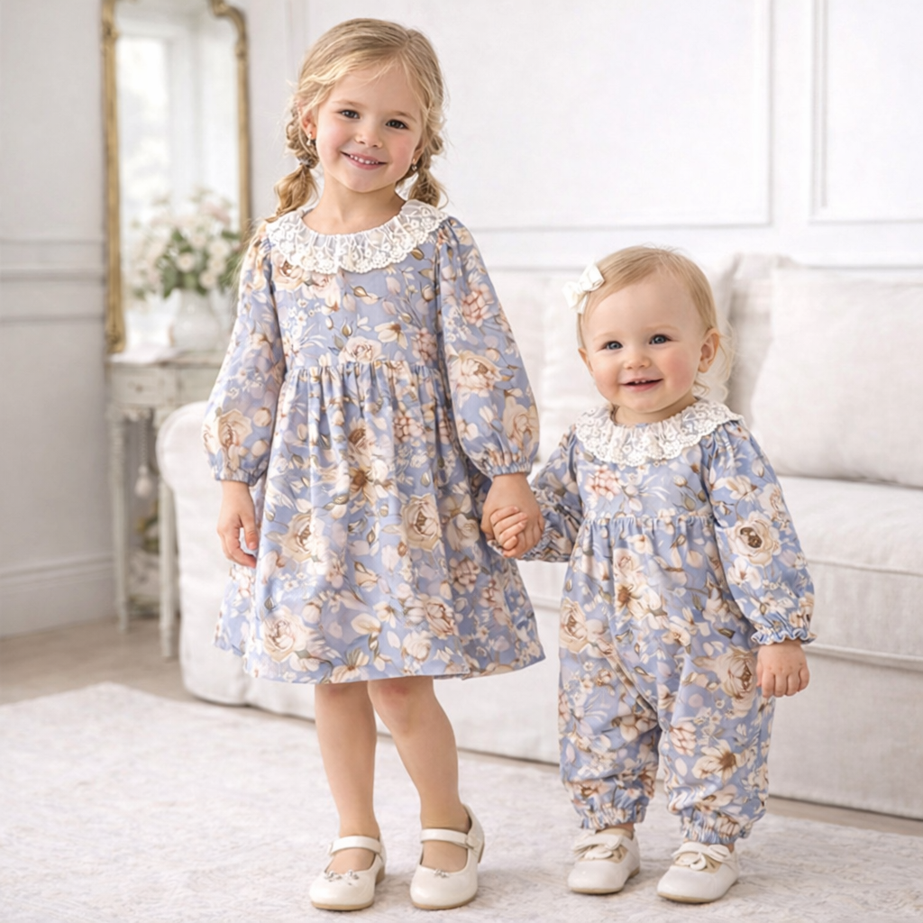Blue Floral Vintage Linen Baby Romper With Lace Collar