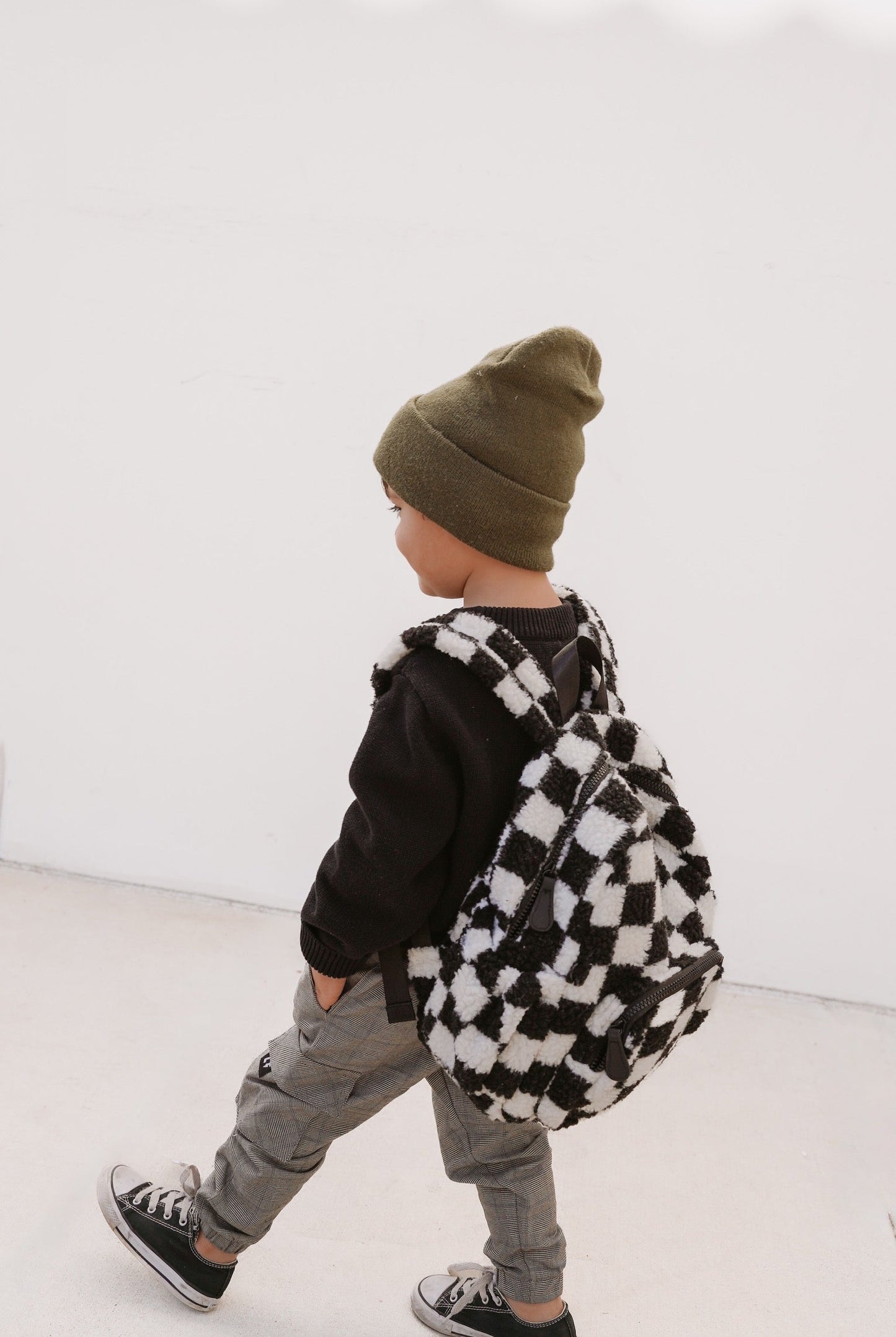 Mini Backpack- Sherpa Black & White Checkered