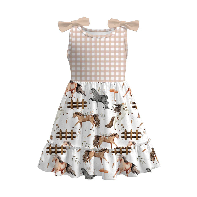 Girls Summer Plaid Horse Farm Print Dress