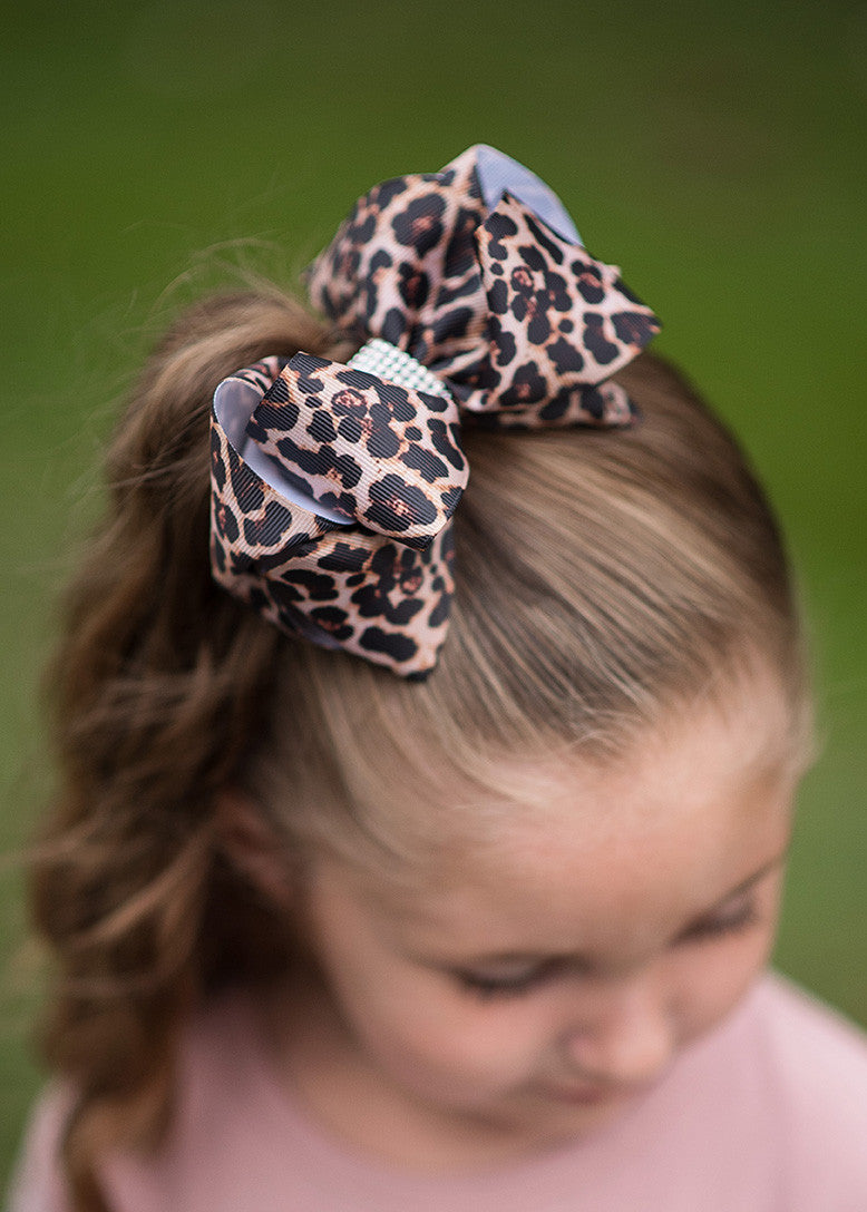 Animal Print Rhinestone Center Hair Bow - Alligator Clip - 4"